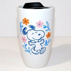 Peanuts Gang White SNOOPY with Flowers Ceramic Travel Mug Tumbler